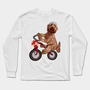 Cavapoo puppy dog on a tricycle bicycle - cavalier King Charles spaniel poodle cycling. puppy love Long Sleeve T-Shirt